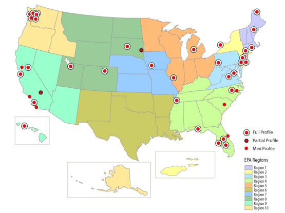 Interactive map showing the United States with project locations marked geographically.