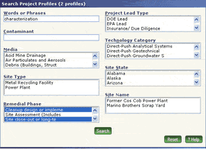 Figure showing the search form with 'characterization' in the Words or Phrases field and two items selected in the Remedial Phase list